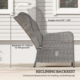 Outsunny Recliner Rattan Garden Furniture W/ Two-Tier Table, Light Grey - thumbnail 6