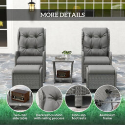 Outsunny Recliner Rattan Garden Furniture W/ Two-Tier Table, Light Grey - thumbnail 7