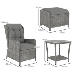 Outsunny Recliner Rattan Garden Furniture W/ Two-Tier Table, Light Grey - thumbnail 3