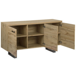 Beliani Industrial Sideboard 3-Door 4-Shelf - Light Brown Oak Effect, Grey Metal Sled Base, W1400 X D420 X H790mm - thumbnail 5