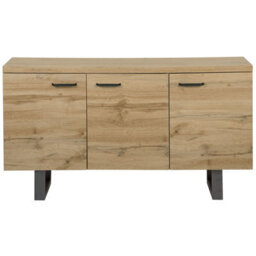 Beliani Industrial Sideboard 3-Door 4-Shelf - Light Brown Oak Effect, Grey Metal Sled Base, W1400 X D420 X H790mm - thumbnail 1