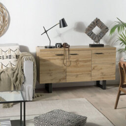 Beliani Industrial Sideboard 3-Door 4-Shelf - Light Brown Oak Effect, Grey Metal Sled Base, W1400 X D420 X H790mm - thumbnail 2