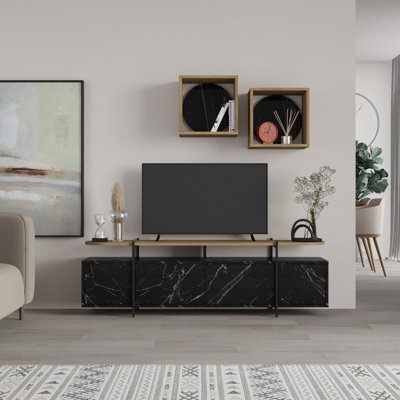 Decortie Hanley Modern Tv Unit Black Marble Effect Oak Effect With Wall Storage Unit 160Cm - image 1