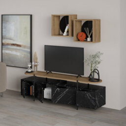 Decortie Hanley Modern Tv Unit Black Marble Effect Oak Effect With Wall Storage Unit 160Cm - thumbnail 5