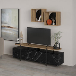 Decortie Hanley Modern Tv Unit Black Marble Effect Oak Effect With Wall Storage Unit 160Cm - thumbnail 4