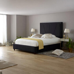 Slumbre Adore Living Black Plush Velvet Geometric Upholstered Panel Bed With Orthopaedic Mattress