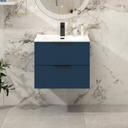Royal Bathrooms Evora 600mm Midnight Blue Fluted Wall Hung Bathroom Vanity Unit 2 Drawer Cabinet Storage With Ceramic Basin & Matt Black Handles