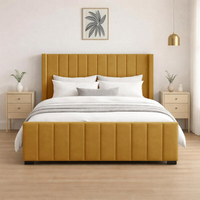 Naples Upholstered Mustard Vertical Line Super King Size Bed Frame, Modern Luxury Floor-Standing Headboard & Footboard - image 1