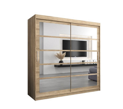 Arte Timeless Oak Sonoma Sliding Door Wardrobe H2000mm W2000mm D620mm With Mirrored Panels And Silver Handles - image 1