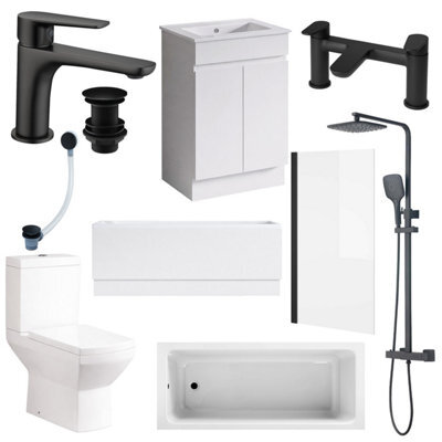Plum&clay Complete Bathroom Suite Black Taps 600mm White Floor Standing Vanity Unit Bath Shower Screen Toilet Waste - image 1