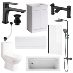 Plum&clay Complete Bathroom Suite Black Taps 600mm White Floor Standing Vanity Unit Bath Shower Screen Toilet Waste - thumbnail 1