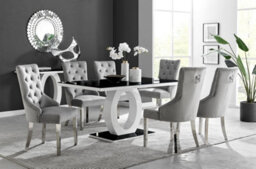 Furniturebox Giovani Rectangular 6 Seat White High Gloss Unique Halo Structural Dining Table Black Glass Top 6 Grey Velvet Belgravia Chairs
