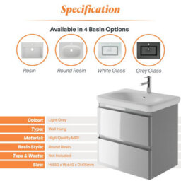 Plum&clay Marvel Gloss Light Grey Wall Hung Bathroom Vanity Unit With Round Resin Basin (W)600mm - thumbnail 5