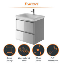 Plum&clay Marvel Gloss Light Grey Wall Hung Bathroom Vanity Unit With Round Resin Basin (W)600mm - thumbnail 6