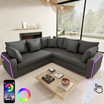 BTM L-Shaped Corner Sofa, Corduroy Fabric with LED Lighting, USB Charging Port & Cushions, Modern Living Room Sofa, Grey - image 1