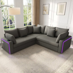 BTM L-Shaped Corner Sofa, Corduroy Fabric with LED Lighting, USB Charging Port & Cushions, Modern Living Room Sofa, Grey - thumbnail 3