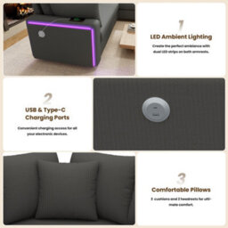 BTM L-Shaped Corner Sofa, Corduroy Fabric with LED Lighting, USB Charging Port & Cushions, Modern Living Room Sofa, Grey - thumbnail 4