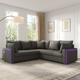 BTM L-Shaped Corner Sofa, Corduroy Fabric with LED Lighting, USB Charging Port & Cushions, Modern Living Room Sofa, Grey - thumbnail 2
