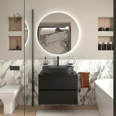 Bathroom City 700mm Wall Hung Vanity Unit With Worktop & Black Basin, Matt Black Floating Bathroom Sink Unit - image 1