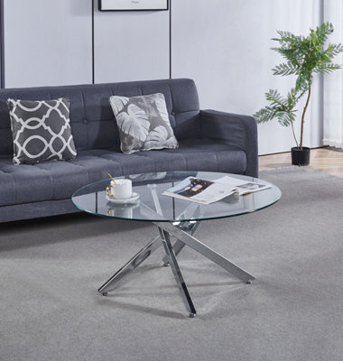 Hallowood Furniture Cullompton Round Glass Coffee Table With 4 Crossed Chrome Legs - image 1