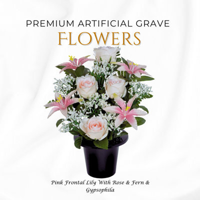 Premium Artificial Grave Flowers - 29Cm Pink Frontal Lily With Rose & Fern & Gypsophila Memorial Vase Pot - image 1