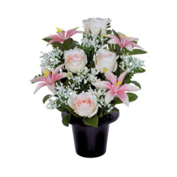 Premium Artificial Grave Flowers - 29Cm Pink Frontal Lily With Rose & Fern & Gypsophila Memorial Vase Pot - thumbnail 2