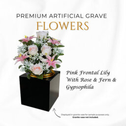 Premium Artificial Grave Flowers - 29Cm Pink Frontal Lily With Rose & Fern & Gypsophila Memorial Vase Pot - thumbnail 3