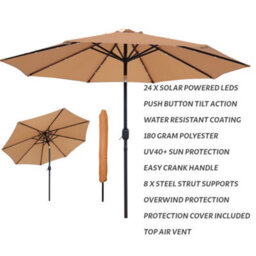 Glamhaus Garden Parasol Solar Led 2.7M ,tilting Table Umbrella With Crank Handle, Protection Uv40, Includes Parasol Cover- Sand - thumbnail 2