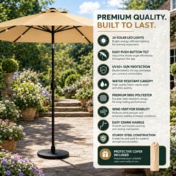 Glamhaus Garden Parasol Solar Led 2.7M ,tilting Table Umbrella With Crank Handle, Protection Uv40, Includes Parasol Cover- Sand - thumbnail 9