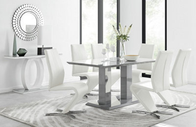 Furniturebox Imperia Grey High Gloss 6 Seater Dining Table With Structural 2 Plinth Column Legs And 6 White Faux Leather Willow Chairs - image 1