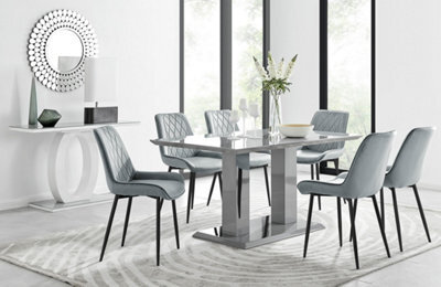 Furniturebox Imperia Grey High Gloss 6 Seater Dining Table With Structural 2 Plinth Column Legs 6 Grey Velvet Black Leg Pesaro Chairs - image 1