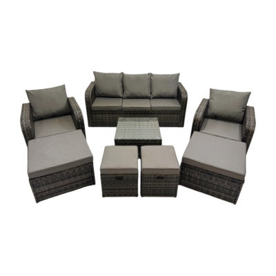 Fimous 3 Seater Sofa Reclining Chair Coffee Table Set Rattan Garden Outdoor Furniture Set With 4 Stools Dark Grey Mixed - image 1