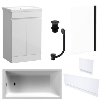 FNX Bathrooms Waterproof 600mm Vanity Unit With Single Ended Bath, Gloss White Panels, Matt Black Screen, Bath & Slotted Basin Waste - image 1