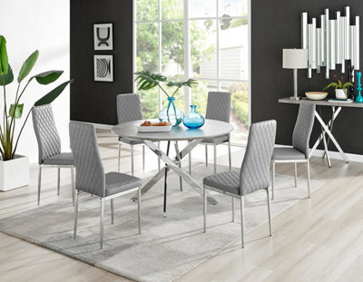 Furniturebox Uk Novara Grey Concrete Effect 120Cm Round Dining Table & 6 Grey Milan Chrome Leg Chairs - image 1