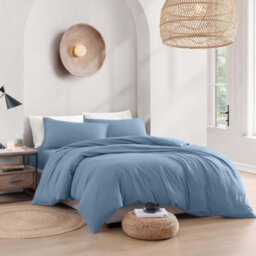 Bedlooms Washed Blue Plain Dyed Duvet Cover Complete Bedding Set, Breathable & Anti-Allergic Microfiber, Single 135X200Cm - thumbnail 1