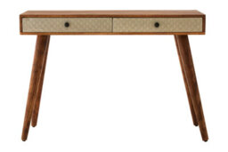 Orsina Acacia Wood Console Table With Embossed Drawers, Travel-Inspired 2 Drawer Entryway Table - thumbnail 1