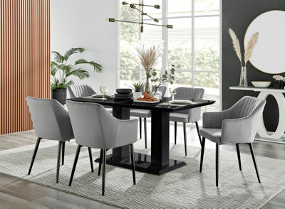 Furniturebox Imperia Black High Gloss 6 Seater Dining Table With Structural 2 Plinth Column Legs 6 Grey Velvet Black Leg Calla Art Deco Chairs - image 1