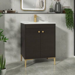 Royal Bathrooms Verona 600mm Walnut Woodgrain Floor Standing Vanity Unit 2 Door With Ceramic Basin & Brushed Brass Knob