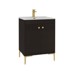 Royal Bathrooms Verona 600mm Walnut Woodgrain Floor Standing Vanity Unit 2 Door With Ceramic Basin & Brushed Brass Knob - thumbnail 6