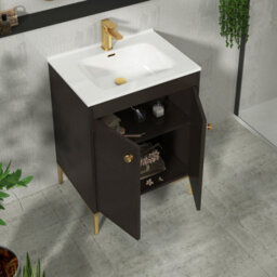 Royal Bathrooms Verona 600mm Walnut Woodgrain Floor Standing Vanity Unit 2 Door With Ceramic Basin & Brushed Brass Knob - thumbnail 5