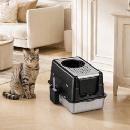 London Boutique Stainless Steel Cat Litter Tray, Enclosed Cat Litter Box, High Sides, Scoop, Black, 60X40X38.5Cm - thumbnail 6