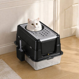 London Boutique Stainless Steel Cat Litter Tray, Enclosed Cat Litter Box, High Sides, Scoop, Black, 60X40X38.5Cm - thumbnail 3
