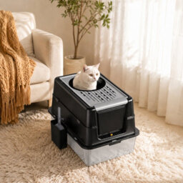 London Boutique Stainless Steel Cat Litter Tray, Enclosed Cat Litter Box, High Sides, Scoop, Black, 60X40X38.5Cm - thumbnail 4