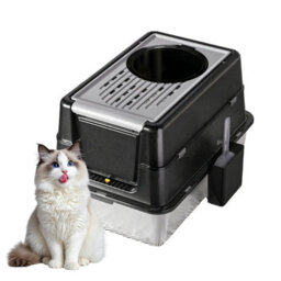 London Boutique Stainless Steel Cat Litter Tray, Enclosed Cat Litter Box, High Sides, Scoop, Black, 60X40X38.5Cm