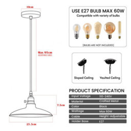 Industrial Dark Blue Metal Pendant Light E27 Adjustable Hanging Lamp, Vintage Dome Ceiling Light, 95Cm Cable, Kitchen - thumbnail 4