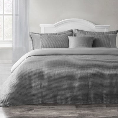 Velosso Waffle Weave Duvet Cover Set With Pillowcases, Button Enclosure Textured Duvet, Easy-Care Quilt Cover - Silver