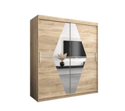 Arte Boliwia Contemporary 2 Mirrored Sliding Door Wardrobe 9 Shelves 2 Rails Sonoma Oak Effect (H)2000mm (W)1800mm (D)620mm - image 1