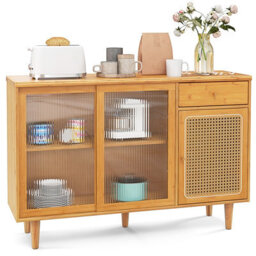 Costway Buffet Cabinet Kitchen Cupboard Sideboard W/ Tempered Glass Sliding Door - thumbnail 2