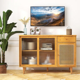 Costway Buffet Cabinet Kitchen Cupboard Sideboard W/ Tempered Glass Sliding Door - thumbnail 5