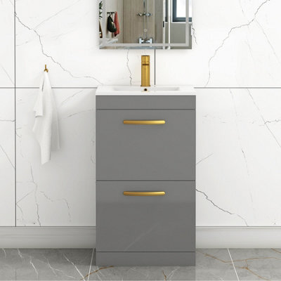 Royal Bathrooms Turin Indigo Grey Gloss 500mm Floor Standing Vanity Unit 2 Drawer With Minimalist Basin Sink & Brushed Brass Handles - image 1